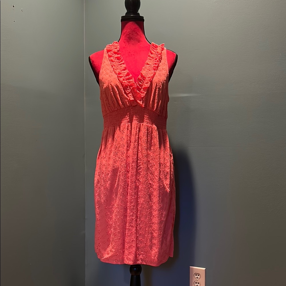 Coral Eyelet Sleeveless Ruffle Dress Size Medium